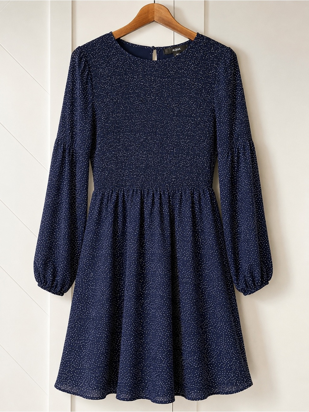 AQUA Smocked Navy Dot Smocked Long Sleeve Dress L